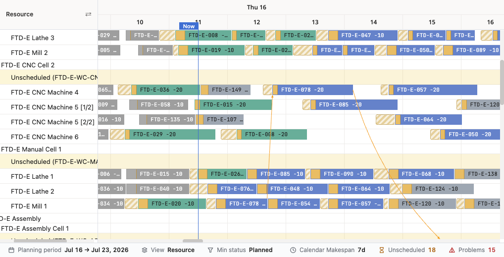 Pacer Production Scheduler Capacity Gantt — a material-aware, finite-capacity production schedule inside Business Central